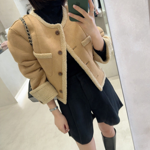 Korean chic winter retro fur all-in-one short coat for women small and age-reducing suede cashmere coat