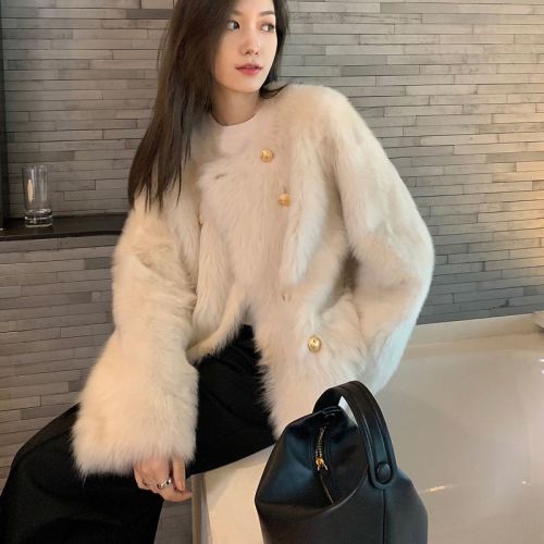 National fashion style young new autumn and winter retro round neck fox fur eco-friendly fur gilt buckle imitation fur jacket for women