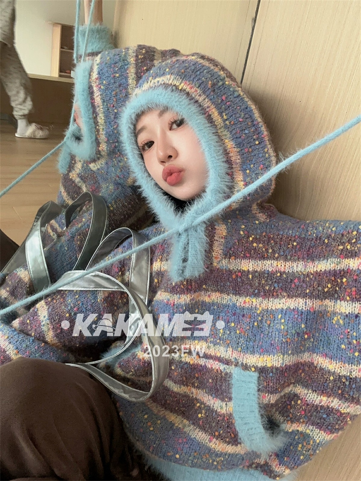 KAKAMEE美式連帽顆粒撞色條紋毛衣女軟糯慵懶風休閒百搭針織衫