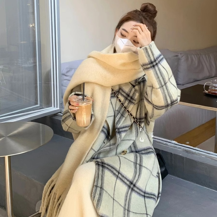 格紋毛呢外套女2023秋冬新款高級感韓系赫本風寬鬆小個子呢子大衣