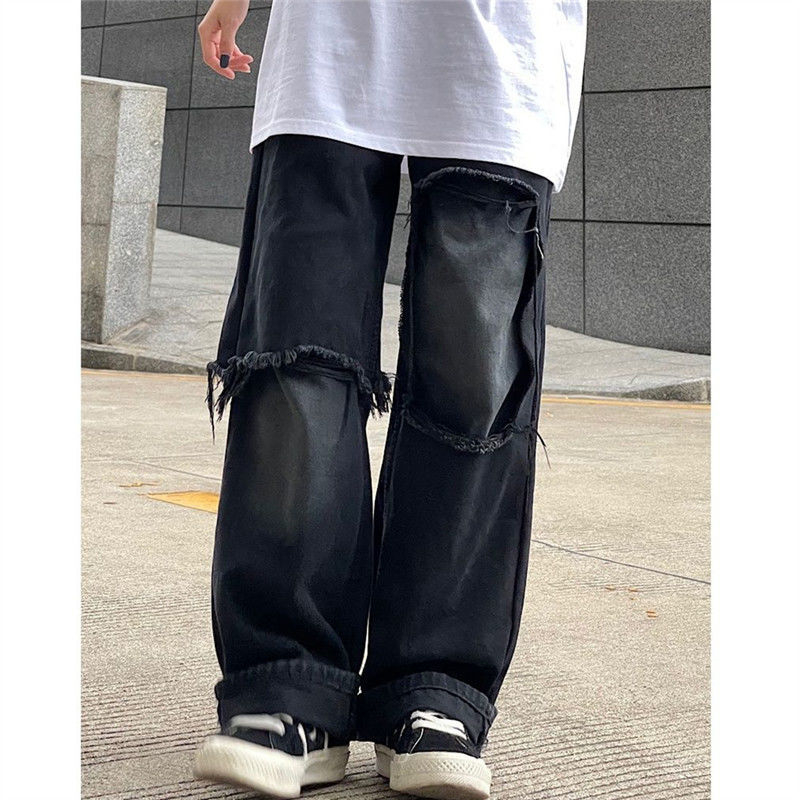 High street black pants women's ins trend new European and American hiphop loose straight vibe ripped jeans