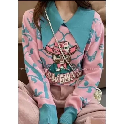 歐貨設計感卡通刺繡提花海軍領針織衫女2023秋冬款洋氣減齡毛衣潮