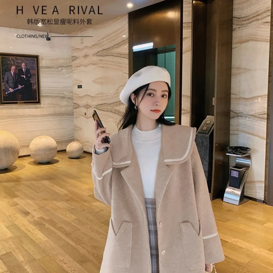 學院風外套女中長款呢子大衣女秋款年時尚寬鬆小個子毛呢