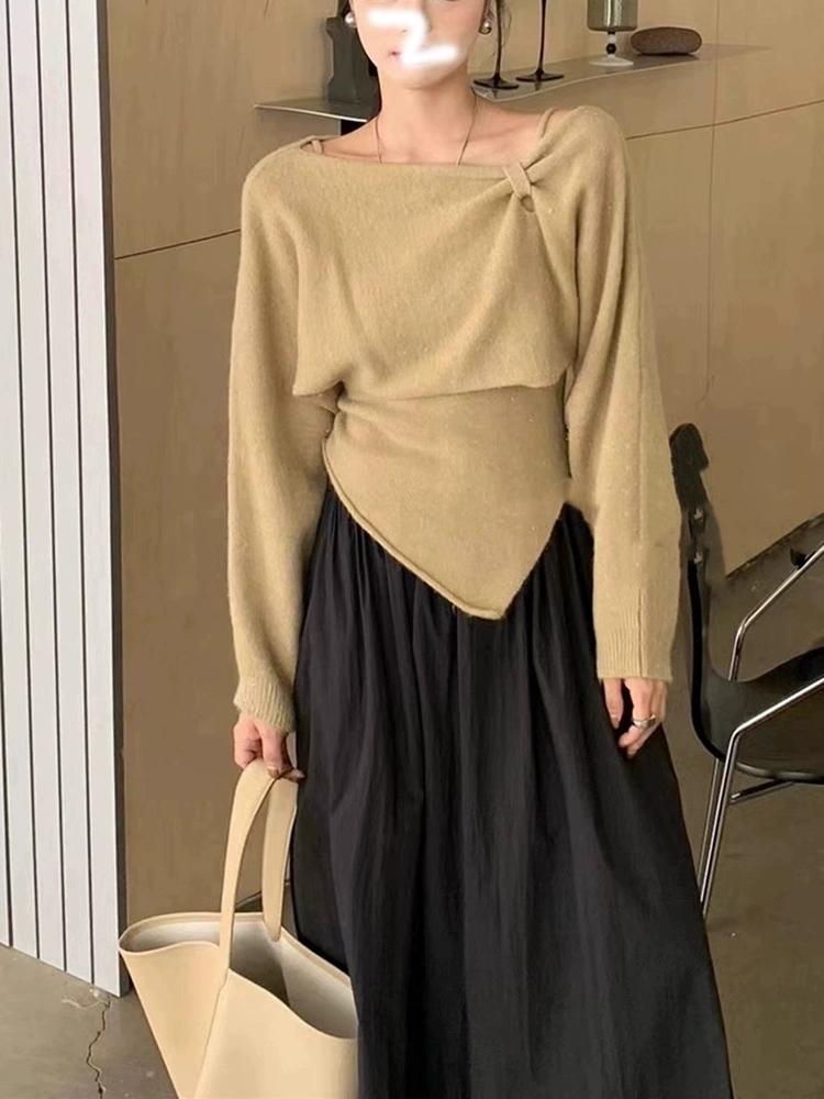 不規則設計感針織吊帶小衫女秋季新款甜美風純色露肩顯瘦短款上衣
