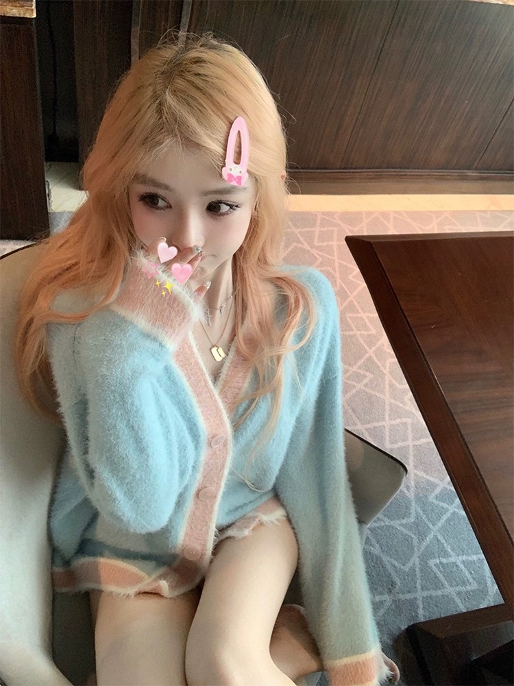 DoggyQin柔焦/環保水貂毛親膚柔軟針織開衫外套秋季溫柔慵懶上衣