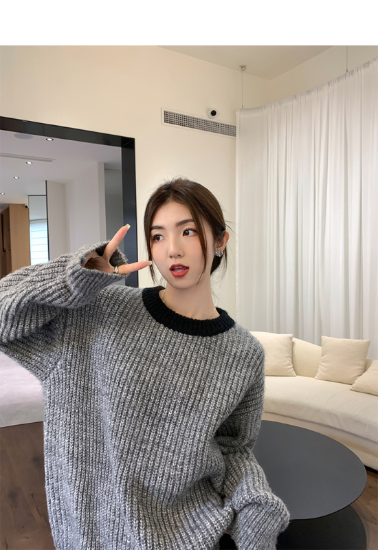 撞色圓領毛衣女2023秋冬外穿寬鬆百搭慵懶風套頭針織衫上衣
