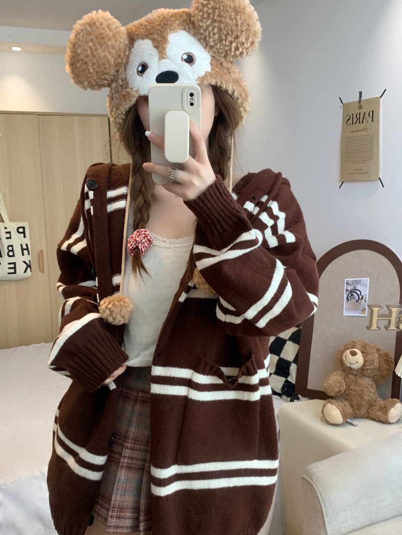 Actual shot of 2023 new autumn style loose and lazy style hooded drawstring contrast striped long-sleeved sweater jacket