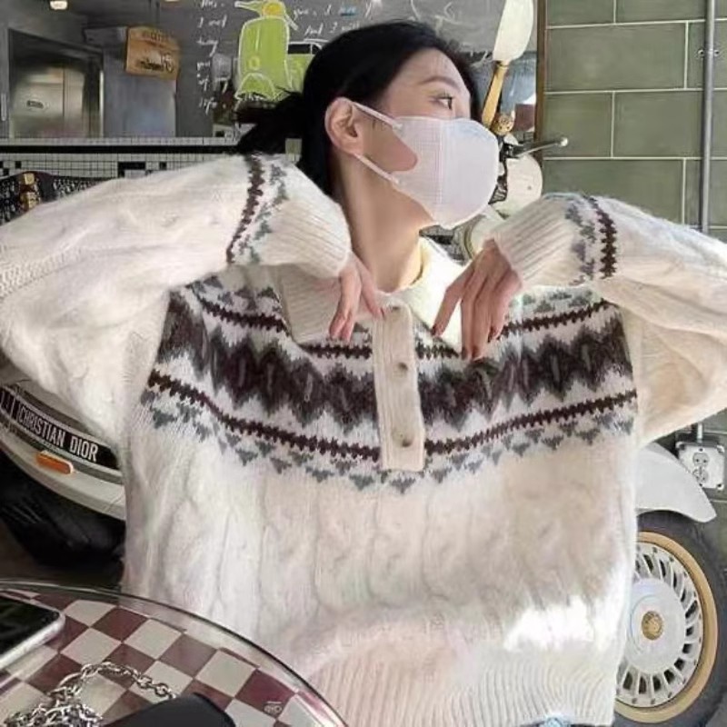 2023秋冬新款韓版寬鬆毛衣女外穿編織復古polo領針織衫上衣