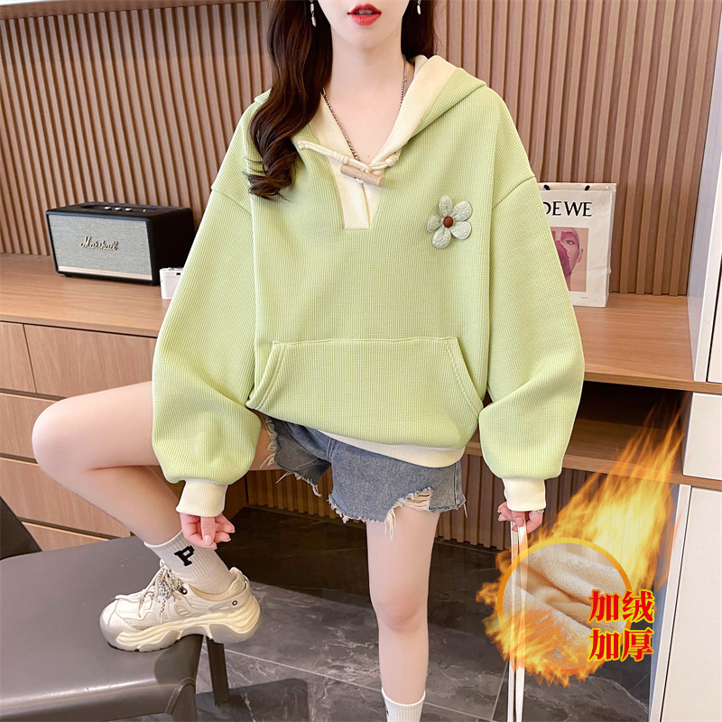 實拍 冬季新款韓版寬鬆複合貝貝絨POLO領卡通印花大碼加絨衛衣女