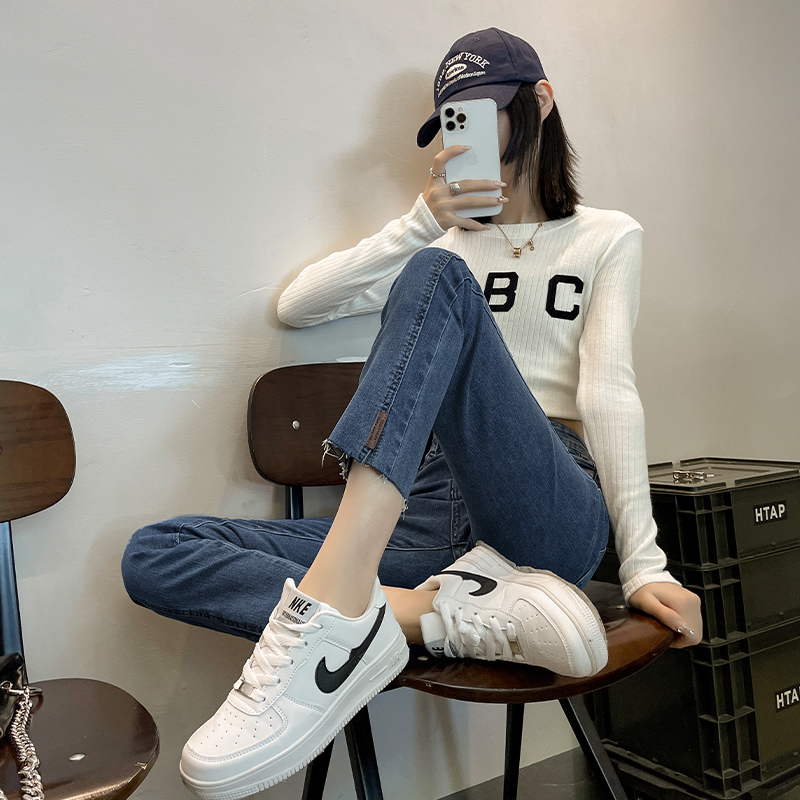 實拍2023秋季時尚高腰直筒復古牛仔褲女