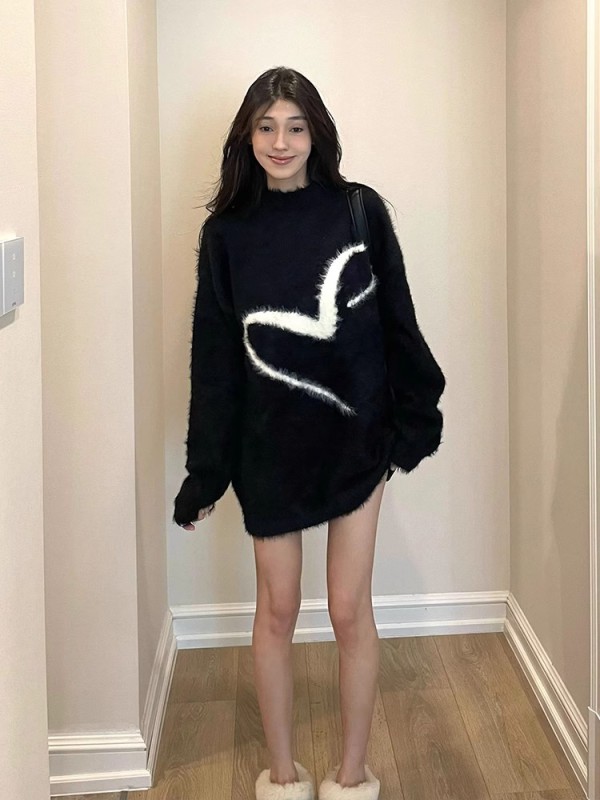 馬海毛軟糯毛衣女秋冬2023新款黑色圓領針織衫慵懶風寬鬆套頭上衣