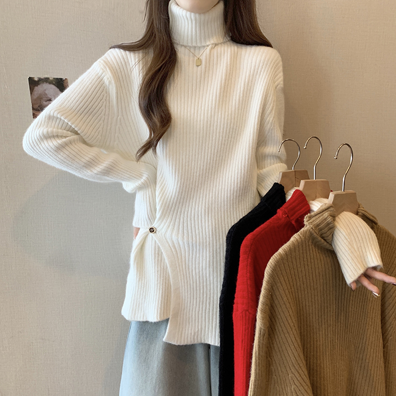 實拍大碼女裝2023秋冬設計感加厚高領開叉百搭毛衣休閒慵懶針織衫
