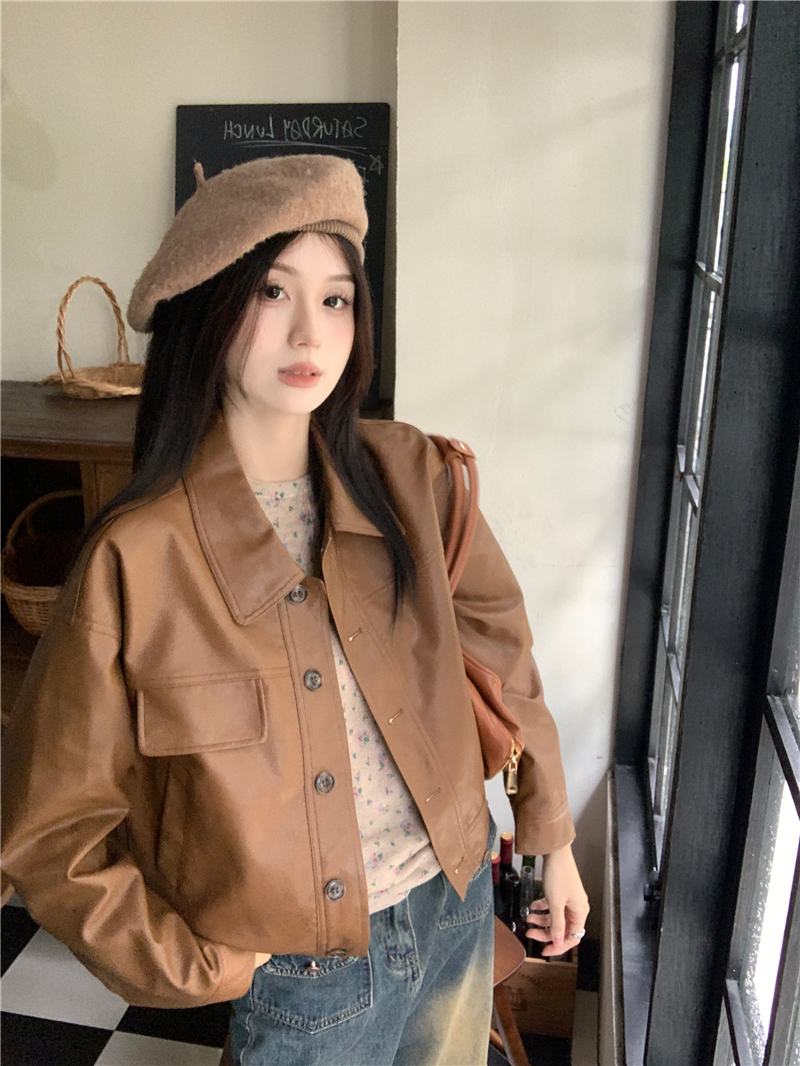 實拍 新款 秋冬碎花少女復古打底衫+機車短皮衣夾克復古外套