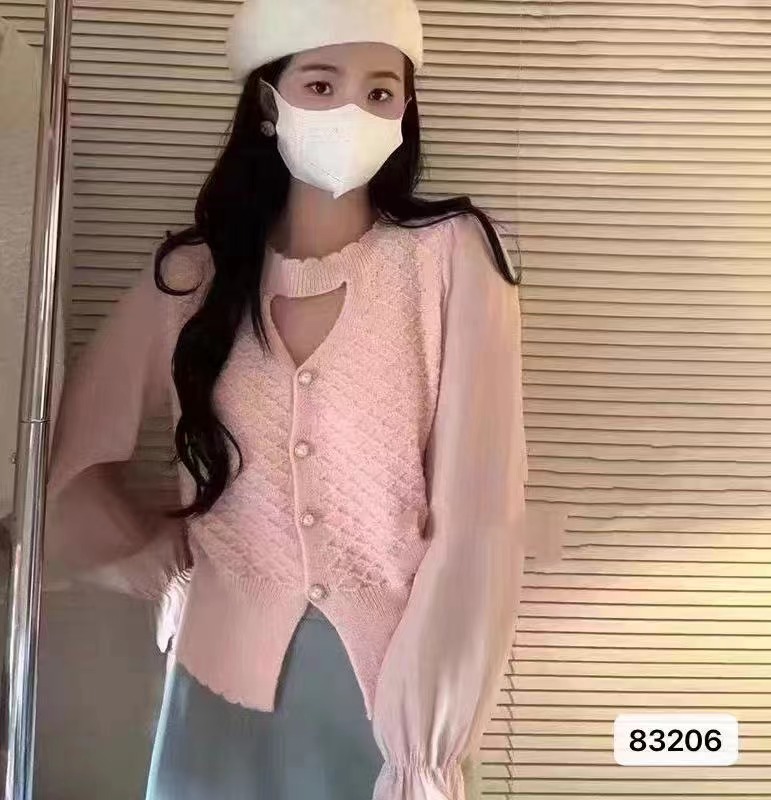 秋冬新款韓版時尚掛脖v領菱格紋拼接雪紡長袖上衣女