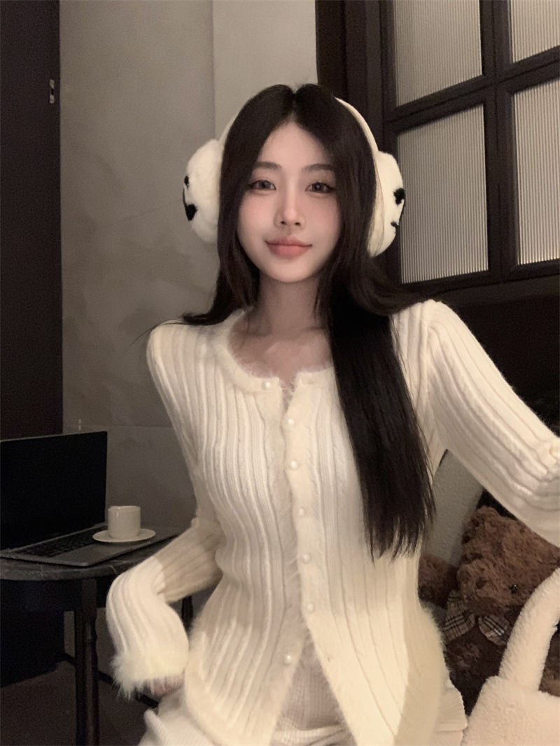 實拍 美式辣妹拼接毛絨軟糯修身百搭毛衣上衣