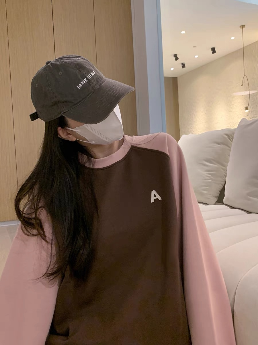 歐貨慵懶風插肩袖拼色加絨T恤女2023冬季新款寬鬆百搭減減齡體恤