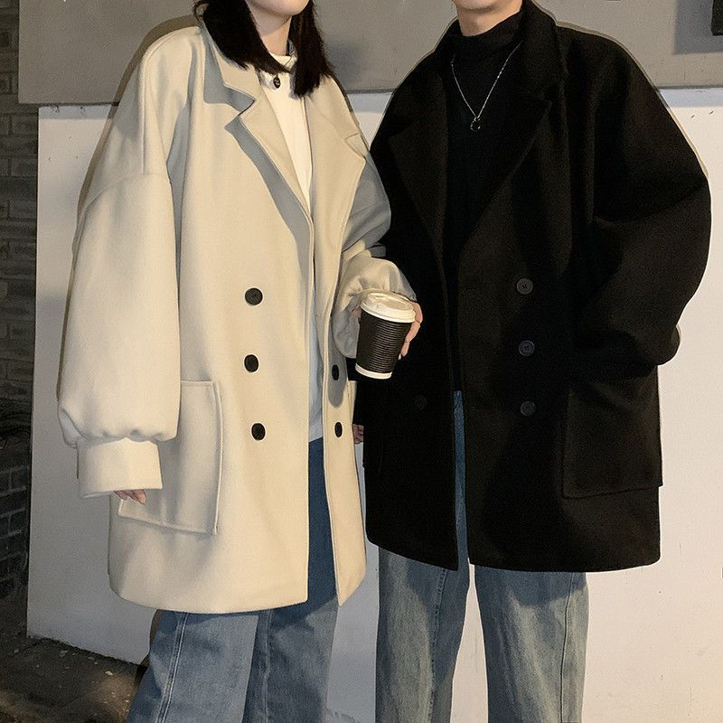 秋冬雙排扣男女情侶裝中長款呢子大衣原宿風寬鬆學生毛呢外套班服