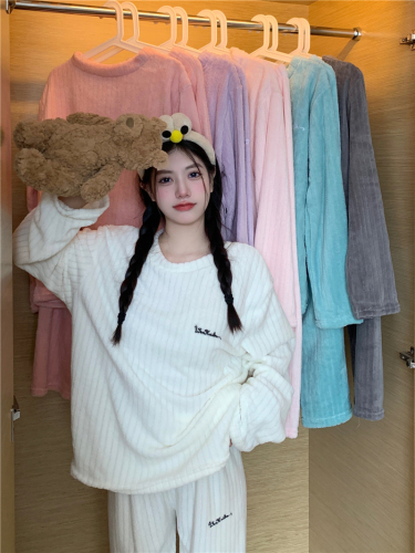 实拍  韩版chic珊瑚绒糖果色家居服减龄宽松睡衣套装两件套