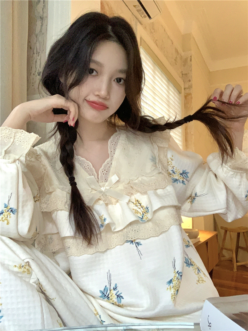 實拍韓版冬季甜美蕾絲宮廷風加厚保暖華夫格夾棉家居服套裝
