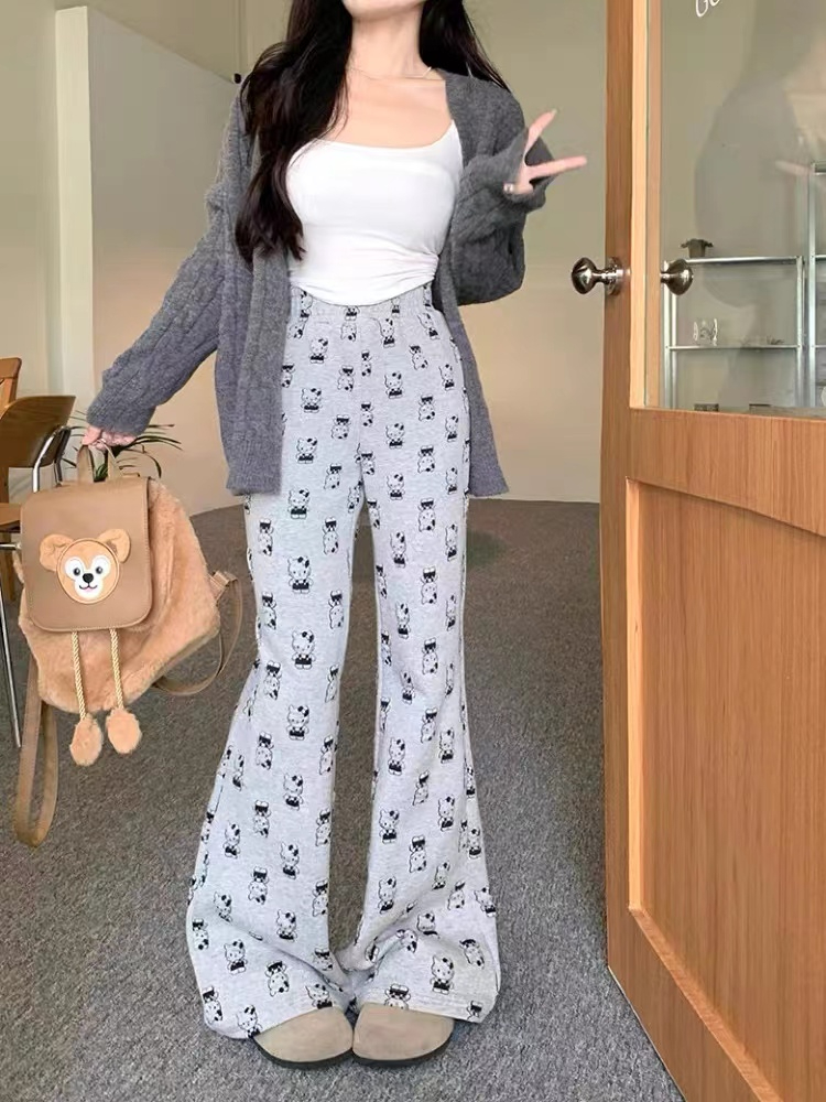 原版提花380克 灰色卡通拖地褲女休閒長褲直筒微喇叭女