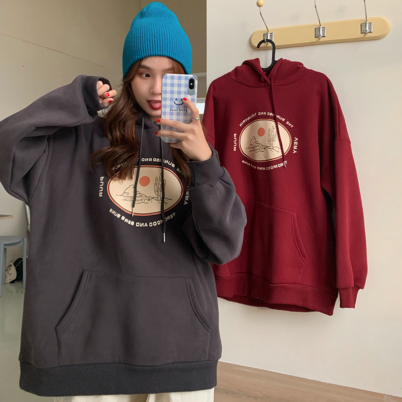 Plus velvet and thickened Korean style new loose mid-length super fire salt hooded large size printed long-sleeved sweatshirt top for women