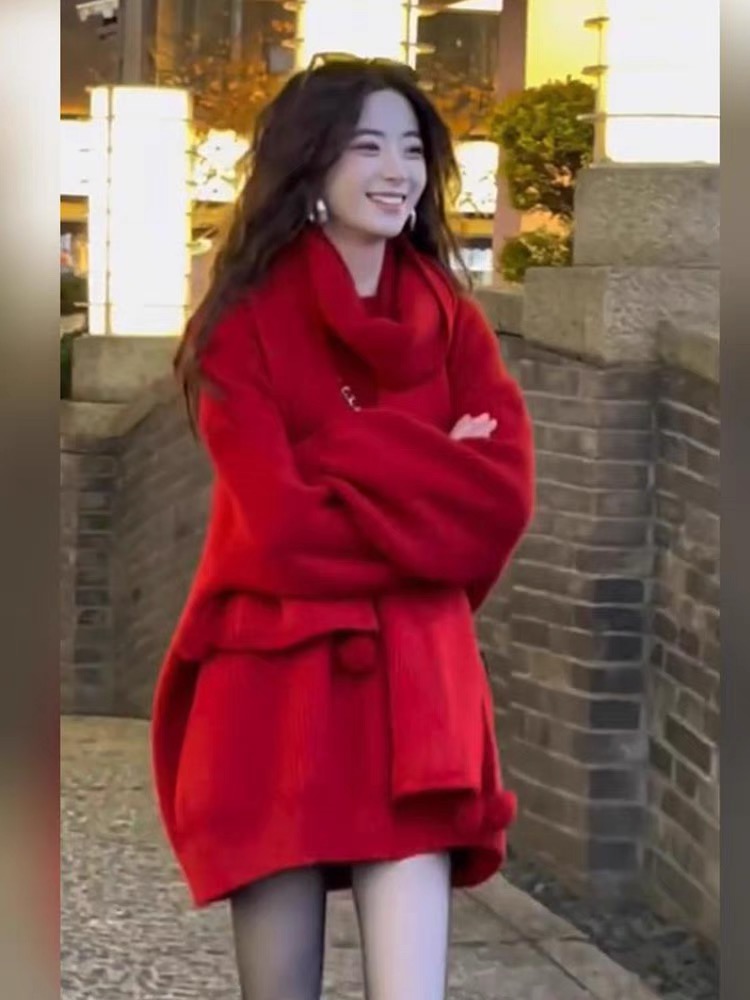 新款軟糯高級慵懶風針織衫女百搭套頭寬鬆中長款戰袍毛衣