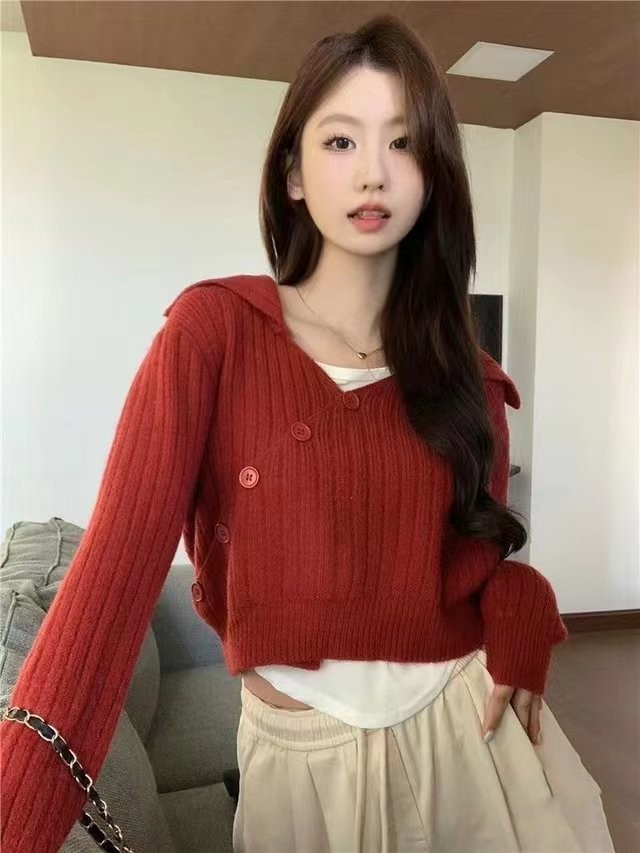 秋冬新款韓版設計感翻V領斜排扣短款長袖上衣女