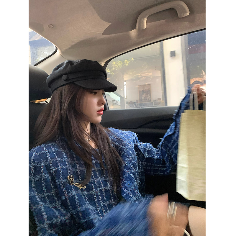 20233 French Fashion Small Fragrance Style Short Coat with Blue Ribbon Trimming Tweed Small Fragrance Style Short Jacket for Women