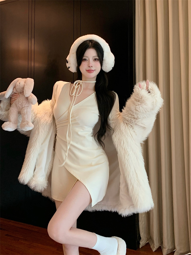 實拍 不規則長袖褶皺連衣裙短裙打底裙系帶裙收腰長款裙子女