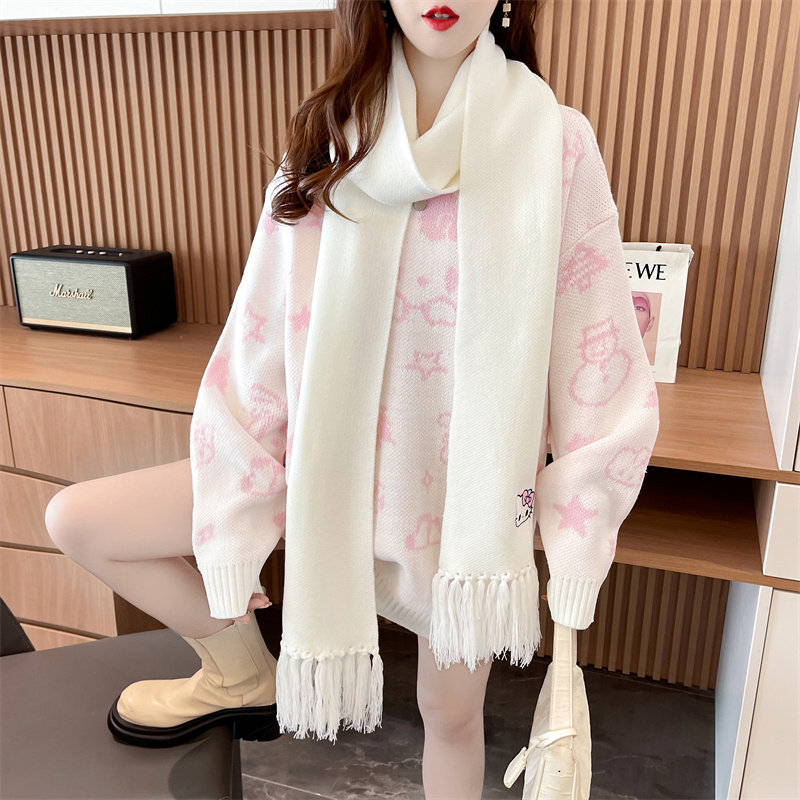 實拍 秋冬韓版寬鬆仿貂毛HelloKitty中長款上衣保暖針織衫毛衣女