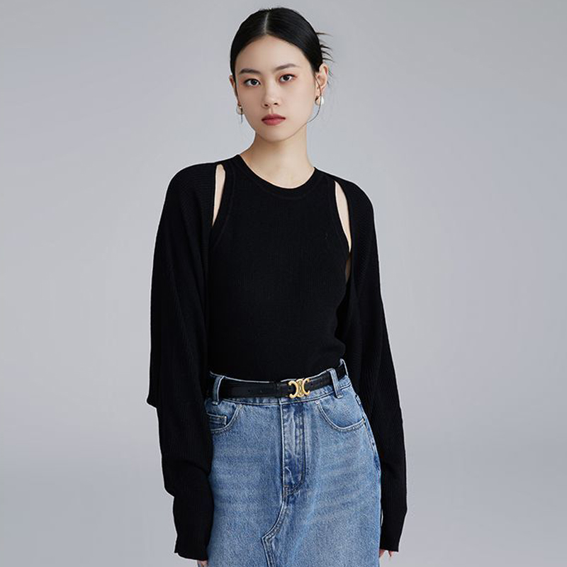 法式背心寬鬆針織開衫毛衣女裝2023秋季新款黑色無袖顯瘦套裝