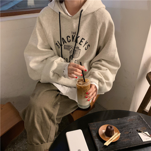 Official picture  new autumn and winter college style letter print loose lazy hooded velvet sweatshirt long-sleeved women's top