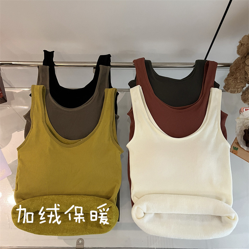 實拍美式復古加絨背心帶胸墊保暖內衣小吊帶女內搭秋冬季打底