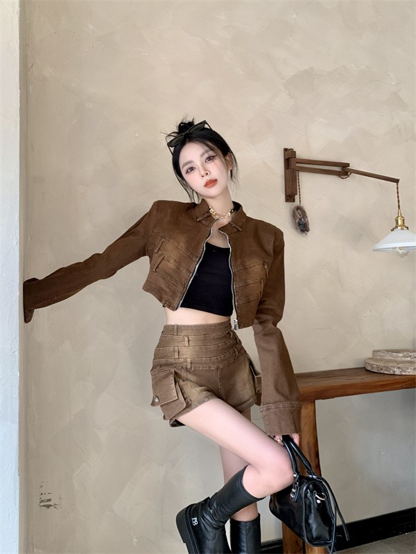 實拍 開衫拉鏈牛仔外套+高腰拼接風琴袋牛仔短褲兩件套裝女