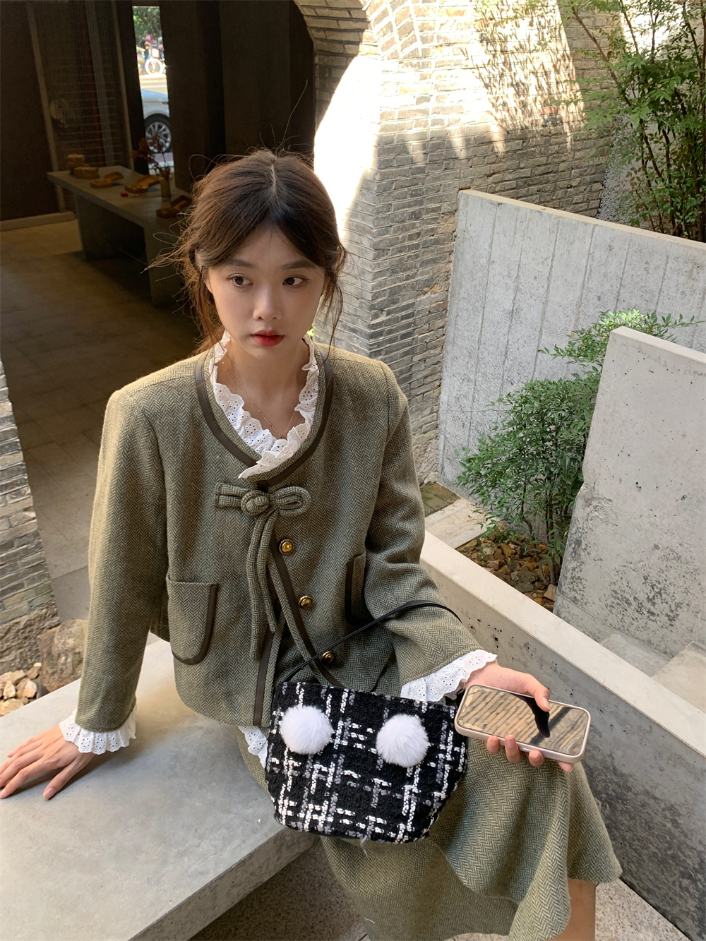 實拍小香風套裝女呢子花邊短款外套高腰半身裙兩件套