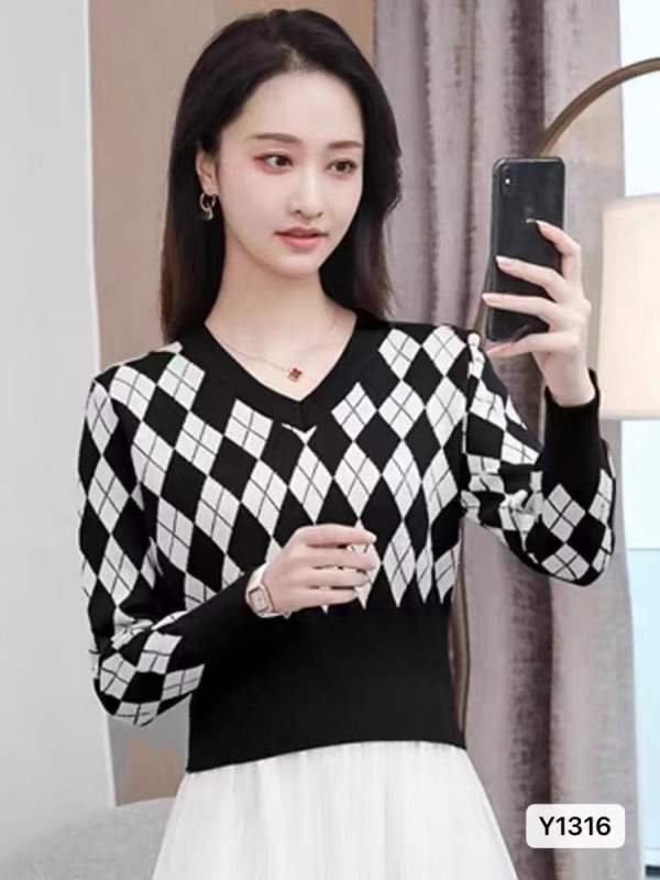 秋季新款韓版學院風V領撞色菱格提花收腰長袖上衣女