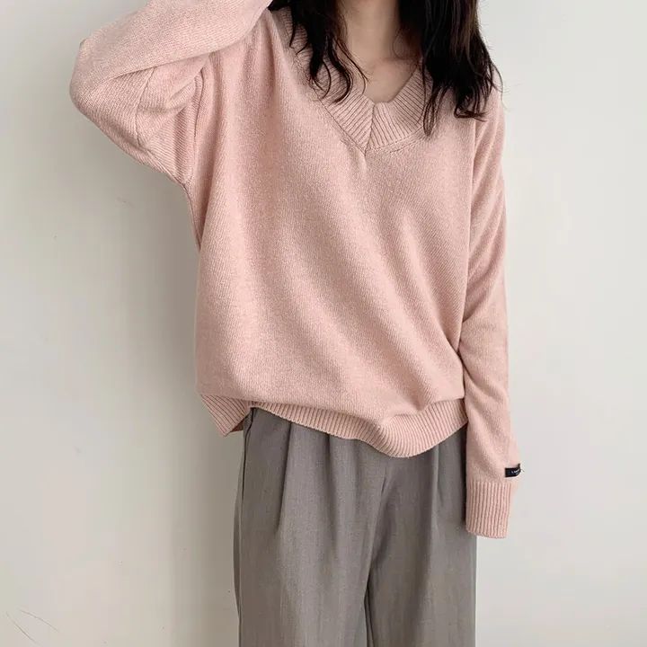 韓國chic寬鬆慵懶毛衣v領套頭保暖針織上衣
