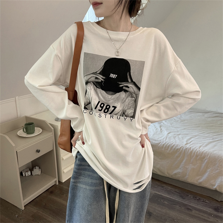 實拍加厚白色長袖t恤女秋冬韓版ins割破寬鬆打底衫