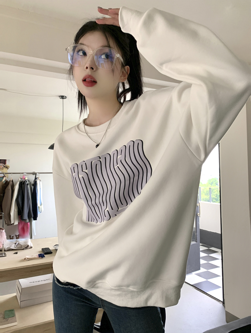 實拍~三標齊~慵懶風抽象畫印花加絨圓領套頭寬鬆顯瘦衛衣