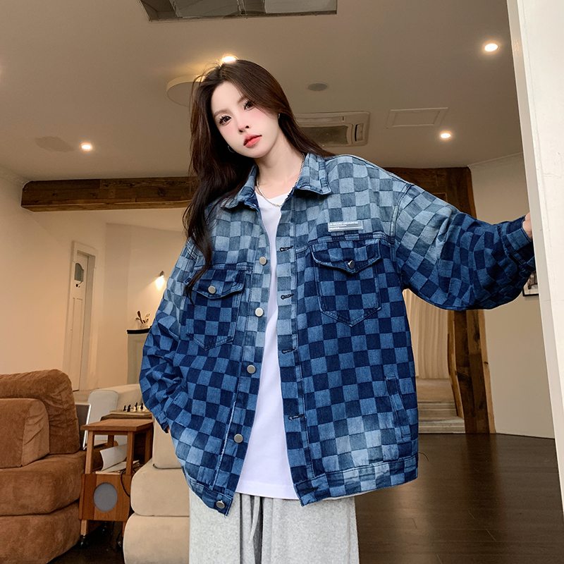 實拍！美式復古格子牛仔外套ins原宿港風春秋設計感小眾扎染