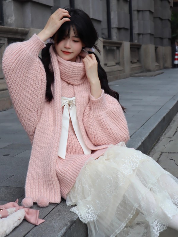 Blovelan少女日記 甜美蝴蝶結燈籠袖加厚寬鬆V領針織毛衣女秋冬季