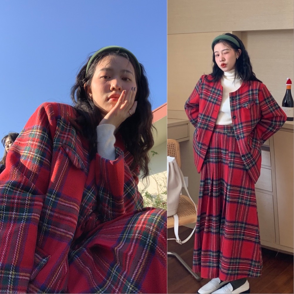 實拍  聖誕氛圍 加厚毛呢格子外套vs 格子半身裙 套裝