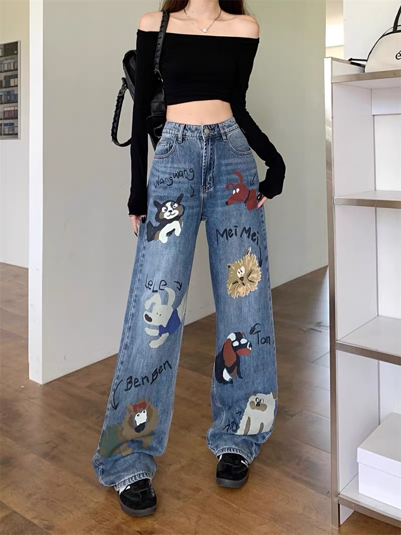 大碼美式風格塗鴉印花牛仔褲女設計感小眾高腰寬鬆直筒休閒闊腿褲