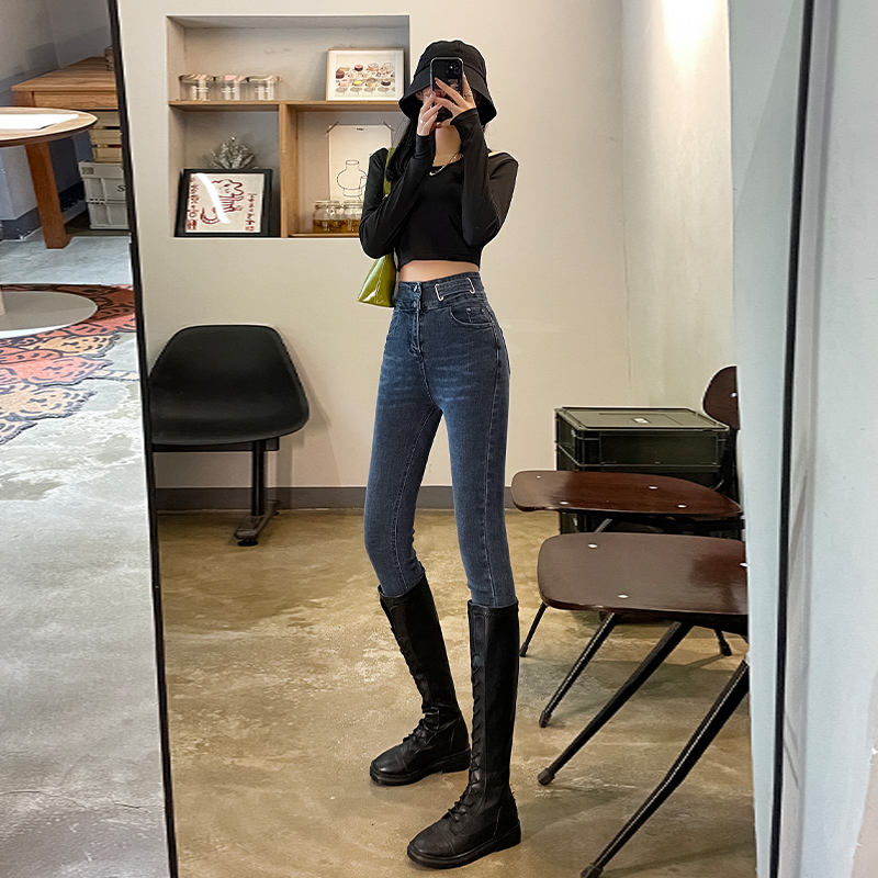 實拍2023秋季時尚潮流高腰修身鉛筆小腳復古牛仔褲女