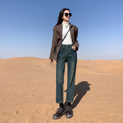 Photographed~  Autumn/Winter Korean Version Fleece Lined Thick Fleece Straight Leg Smoked Pipe Jeans 4-Way Stretch Ins Loafers