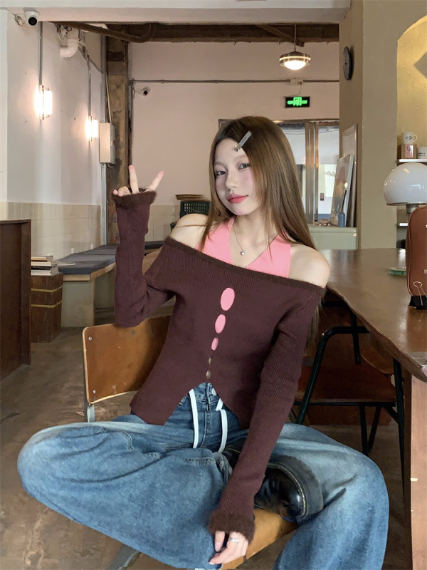 實拍！甜辣修身設計感小眾假兩件針織衫女顯瘦內搭毛衣