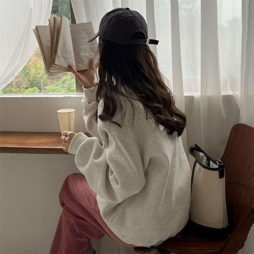 Velvet thickened white and gray round neck sweatshirt for women autumn and winter new Korean style college style American letter top trendy