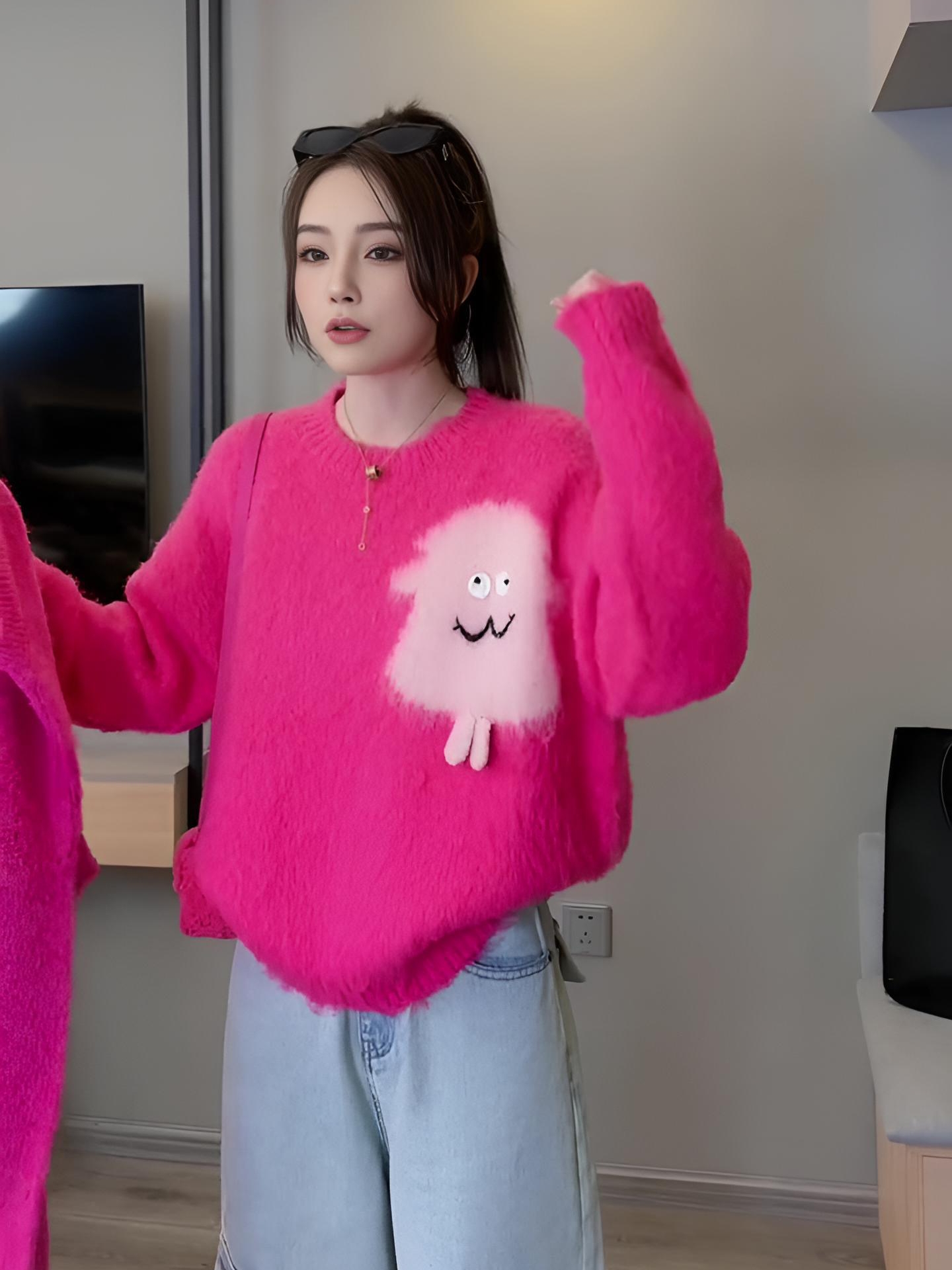 This year's popular lazy dopamine age-reducing rose red sweater for women cartoon knitted design sweater top