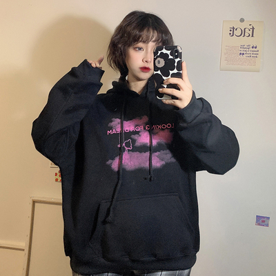 Autumn and winter 2023 new style velvet thickened retro Japanese cartoon print hooded loose BF style long-sleeved sweatshirt for women