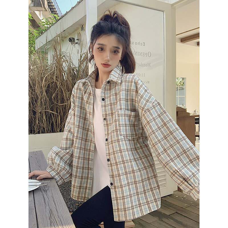 實拍 加厚磨毛格子襯衫女秋季新款寬鬆休閒襯衣外套